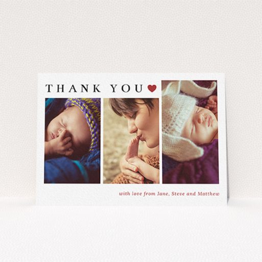 A baptism thank you card design named "Simply Thanks". It is an A6 card in a landscape orientation. It is a photographic baptism thank you card with room for 3 photos. "Simply Thanks" is available as a flat card, with tones of white and red.