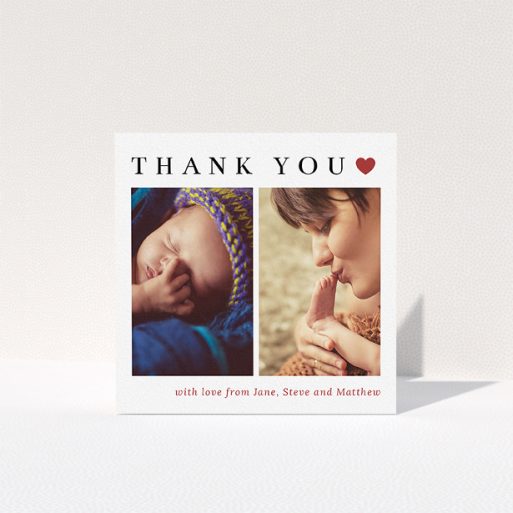 A baptism thank you card called "Simply Thanks". It is a square (148mm x 148mm) card in a square orientation. It is a photographic baptism thank you card with room for 3 photos. "Simply Thanks" is available as a folded card, with tones of white and red.