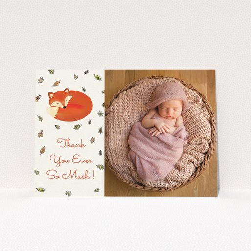A baptism thank you card named "Sleepy Fox". It is an A5 card in a landscape orientation. It is a photographic baptism thank you card with room for 1 photo. "Sleepy Fox" is available as a flat card, with tones of cream, orange and light yellow.