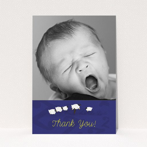 A baptism thank you card design called "Sleepy Time". It is an A5 card in a portrait orientation. It is a photographic baptism thank you card with room for 1 photo. "Sleepy Time" is available as a flat card, with tones of blue and white.