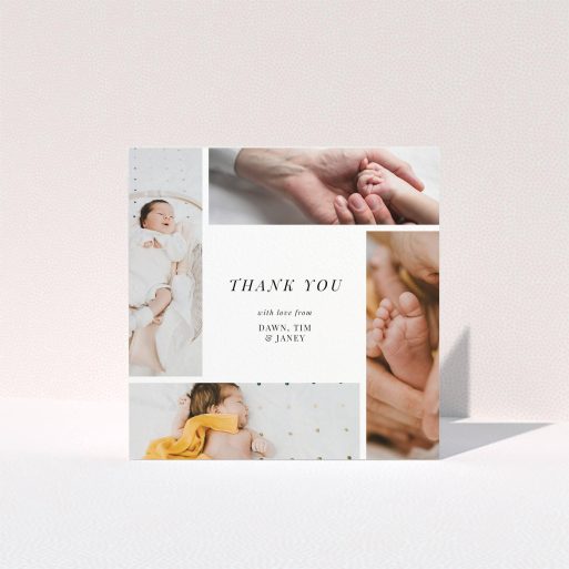 A baptism thank you card template titled "Spiral Frames". It is a square (148mm x 148mm) card in a square orientation. It is a photographic baptism thank you card with room for 3 photos. "Spiral Frames" is available as a folded card, with tones of black and white.