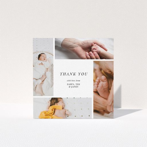 A baptism thank you card template titled "Spiral Frames". It is a square (148mm x 148mm) card in a square orientation. It is a photographic baptism thank you card with room for 3 photos. "Spiral Frames" is available as a folded card, with tones of black and white.