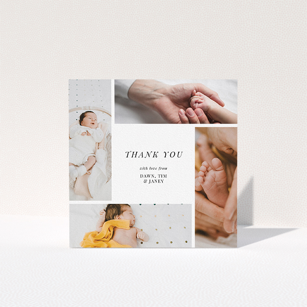 A baptism thank you card template titled "Spiral Frames". It is a square (148mm x 148mm) card in a square orientation. It is a photographic baptism thank you card with room for 3 photos. "Spiral Frames" is available as a folded card, with tones of black and white.