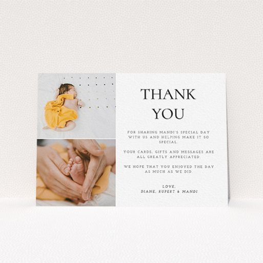 A baptism thank you card design called "Stacked Frames in Thirds". It is an A6 card in a landscape orientation. It is a photographic baptism thank you card with room for 2 photos. "Stacked Frames in Thirds" is available as a flat card, with mainly white colouring.
