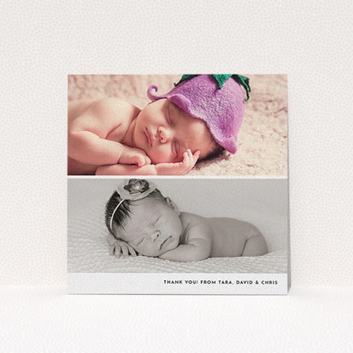 A baptism thank you card design titled "Stacked Landscapes". It is a square (148mm x 148mm) card in a square orientation. It is a photographic baptism thank you card with room for 2 photos. "Stacked Landscapes" is available as a flat card, with mainly white colouring.