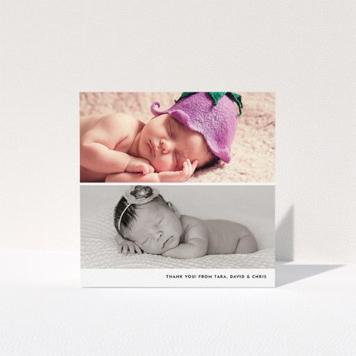 A baptism thank you card design named "Stacked Landscapes". It is a square (148mm x 148mm) card in a square orientation. It is a photographic baptism thank you card with room for 2 photos. "Stacked Landscapes" is available as a folded card, with mainly white colouring.