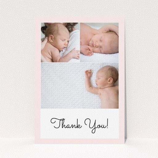 A baptism thank you card named "Thank You!". It is an A5 card in a portrait orientation. It is a photographic baptism thank you card with room for 3 photos. "Thank You!" is available as a flat card, with tones of pink and white.