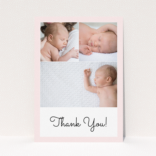 A baptism thank you card named "Thank You!". It is an A5 card in a portrait orientation. It is a photographic baptism thank you card with room for 3 photos. "Thank You!" is available as a flat card, with tones of pink and white.