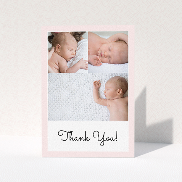 A baptism thank you card called "Thank You!". It is an A6 card in a portrait orientation. It is a photographic baptism thank you card with room for 3 photos. "Thank You!" is available as a folded card, with tones of pink and white.
