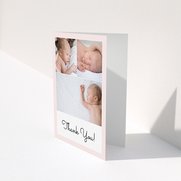 A baptism thank you card called "Thank You!". It is an A6 card in a portrait orientation. It is a photographic baptism thank you card with room for 3 photos. "Thank You!" is available as a folded card, with tones of pink and white.