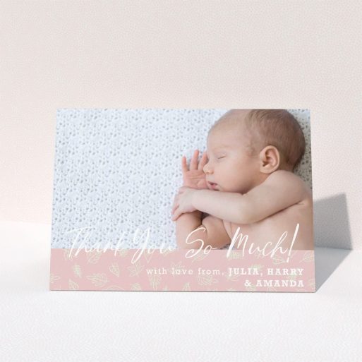 A baptism thank you card template titled "Thank You So Much". It is an A5 card in a landscape orientation. It is a photographic baptism thank you card with room for 1 photo. "Thank You So Much" is available as a folded card, with tones of pink and white.