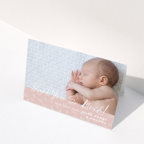 A baptism thank you card template titled "Thank You So Much". It is an A5 card in a landscape orientation. It is a photographic baptism thank you card with room for 1 photo. "Thank You So Much" is available as a folded card, with tones of pink and white.