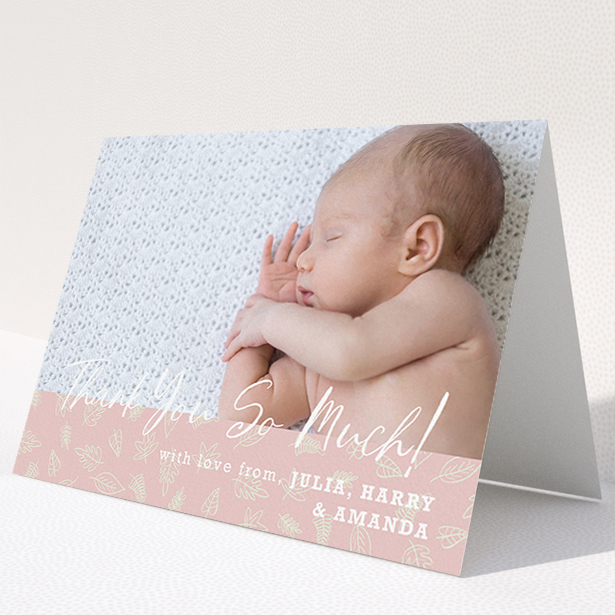 A baptism thank you card template titled "Thank You So Much". It is an A5 card in a landscape orientation. It is a photographic baptism thank you card with room for 1 photo. "Thank You So Much" is available as a folded card, with tones of pink and white.
