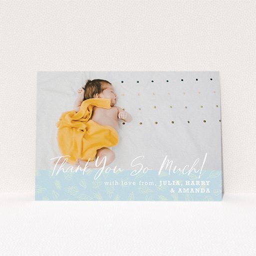 A baptism thank you card called "Thank You So Much". It is an A6 card in a landscape orientation. It is a photographic baptism thank you card with room for 1 photo. "Thank You So Much" is available as a flat card, with tones of blue and white.
