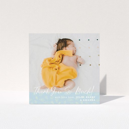 A baptism thank you card design named "Thank You So Much". It is a square (148mm x 148mm) card in a square orientation. It is a photographic baptism thank you card with room for 1 photo. "Thank You So Much" is available as a folded card, with tones of blue and white.