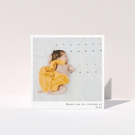 A baptism thank you card called "Thanks for coming". It is a square (148mm x 148mm) card in a square orientation. It is a photographic baptism thank you card with room for 1 photo. "Thanks for coming" is available as a folded card, with mainly white colouring.
