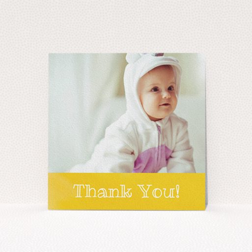 A baptism thank you card named "Thanks In Yellow". It is a square (148mm x 148mm) card in a square orientation. It is a photographic baptism thank you card with room for 1 photo. "Thanks In Yellow" is available as a flat card, with tones of yellow and white.