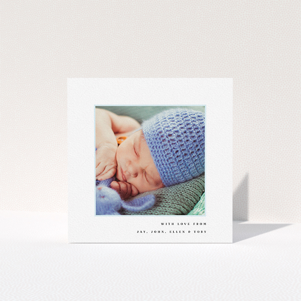 A baptism thank you card called "Thin Blue Frame". It is a square (148mm x 148mm) card in a square orientation. It is a photographic baptism thank you card with room for 1 photo. "Thin Blue Frame" is available as a folded card, with tones of white and blue.