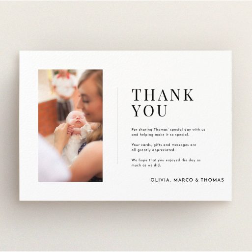 A baptism thank you card template titled "Tiny Portrait". It is an A5 card in a landscape orientation. It is a photographic baptism thank you card with room for 1 photo. "Tiny Portrait" is available as a flat card, with mainly white colouring.
