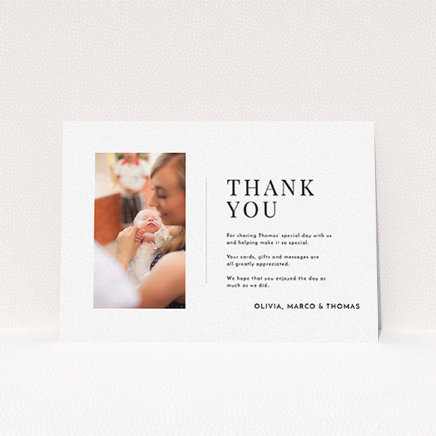 A baptism thank you card called "Tiny Portrait". It is an A6 card in a landscape orientation. It is a photographic baptism thank you card with room for 1 photo. "Tiny Portrait" is available as a flat card, with mainly white colouring.