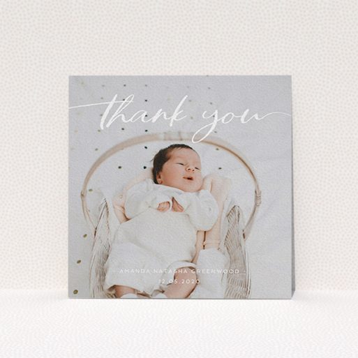 A baptism thank you card design titled "Topped and Bottomed". It is a square (148mm x 148mm) card in a square orientation. It is a photographic baptism thank you card with room for 1 photo. "Topped and Bottomed" is available as a flat card, with mainly white colouring.