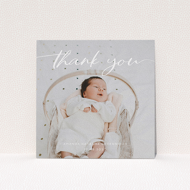A baptism thank you card design titled "Topped and Bottomed". It is a square (148mm x 148mm) card in a square orientation. It is a photographic baptism thank you card with room for 1 photo. "Topped and Bottomed" is available as a flat card, with mainly white colouring.