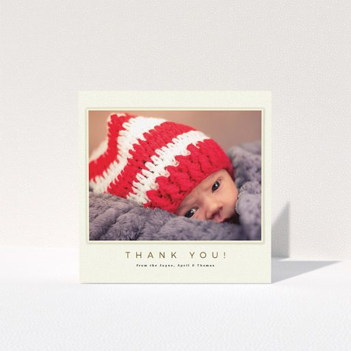 A baptism thank you card called "Torn Cream Frame". It is a square (148mm x 148mm) card in a square orientation. It is a photographic baptism thank you card with room for 1 photo. "Torn Cream Frame" is available as a folded card, with mainly cream colouring.