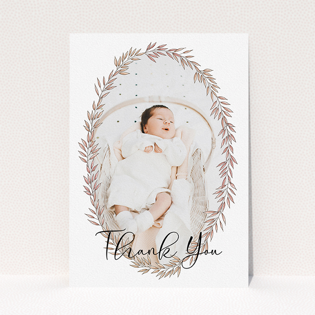 A baptism thank you card design titled "Tussled Wreath". It is an A5 card in a portrait orientation. It is a photographic baptism thank you card with room for 1 photo. "Tussled Wreath" is available as a flat card, with tones of pink and white.