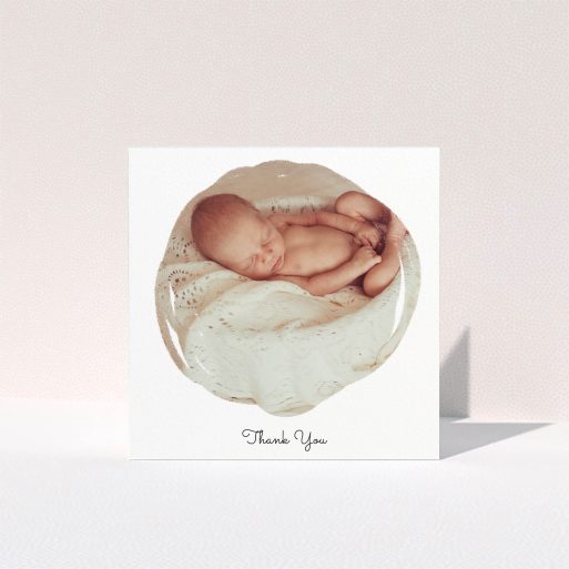 A baptism thank you card called "Wiped Banner". It is a square (148mm x 148mm) card in a square orientation. It is a photographic baptism thank you card with room for 1 photo. "Wiped Banner" is available as a folded card, with mainly white colouring.