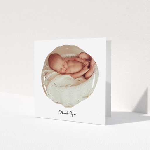 A baptism thank you card called 'Wiped Banner'. It is a square (148mm x 148mm) card in a square orientation. It is a photographic baptism thank you card with room for 1 photo. 'Wiped Banner' is available as a folded card, with mainly white colouring.
