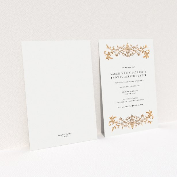 "Baroque" A5 wedding invitation with ornate golden embellishments on cream background. This image shows the front and back sides together