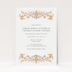 "Baroque" A5 wedding invitation with ornate golden embellishments on cream background. This is a view of the front