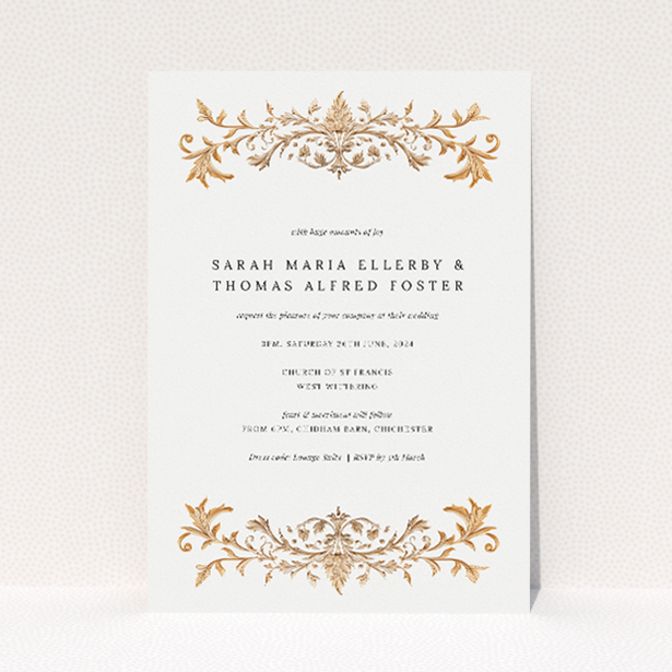"Baroque" A5 wedding invitation with ornate golden embellishments on cream background. This is a view of the front