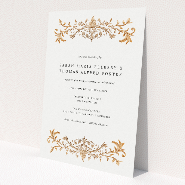 'Baroque' A5 wedding invitation with ornate golden embellishments on cream background. This is a view of the front