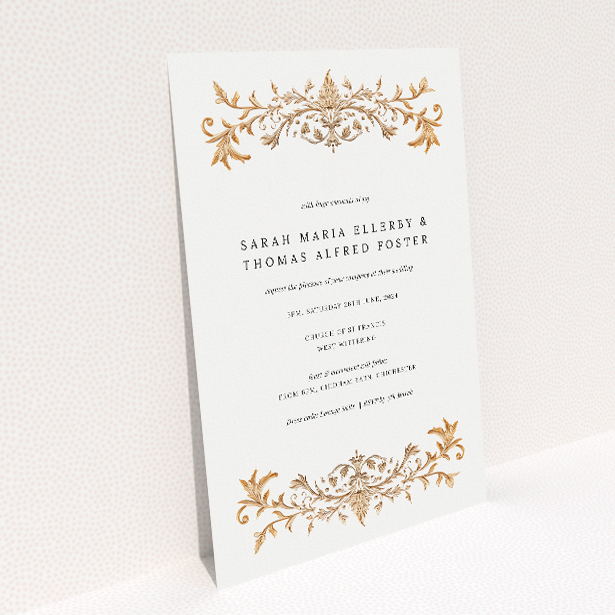 "Baroque" A5 wedding invitation with ornate golden embellishments on cream background. This image shows the front and back sides together