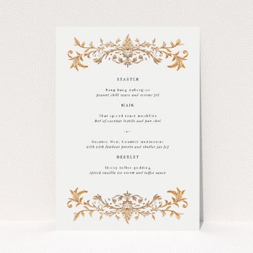 Baroque wedding menu template featuring ornate golden embellishments on a cream background, perfect for couples desiring a blend of grandeur and subtlety, setting the tone for a celebration of timeless elegance This is a view of the front