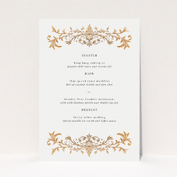 Baroque wedding menu template featuring ornate golden embellishments on a cream background, perfect for couples desiring a blend of grandeur and subtlety, setting the tone for a celebration of timeless elegance This is a view of the front
