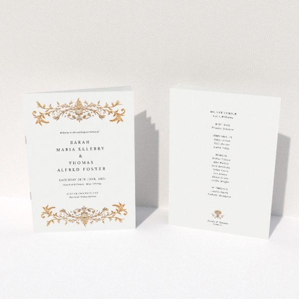 "Baroque wedding order of service booklet featuring classical artistry with golden flourishes, ideal for couples seeking elegance and tradition in their wedding ceremony.". This image shows the front and back sides together