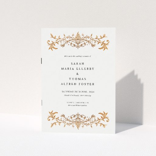 "Baroque wedding order of service booklet featuring classical artistry with golden flourishes, ideal for couples seeking elegance and tradition in their wedding ceremony.". This is a view of the front