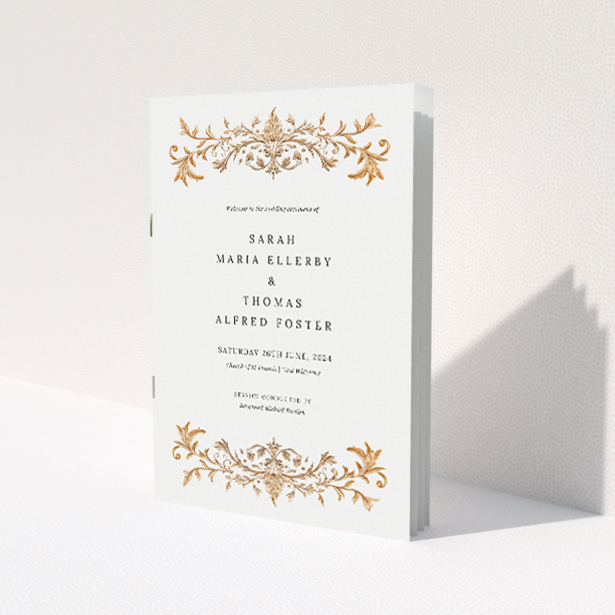 'Baroque wedding order of service booklet featuring classical artistry with golden flourishes, ideal for couples seeking elegance and tradition in their wedding ceremony.'. This is a view of the front