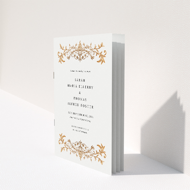 "Baroque wedding order of service booklet featuring classical artistry with golden flourishes, ideal for couples seeking elegance and tradition in their wedding ceremony.". This image shows the front and back sides together