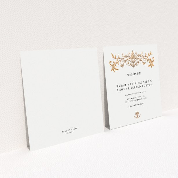 Baroque Wedding Save the Date Card Template - Classic Elegance with Golden Baroque Ornament. This image shows the front and back sides together