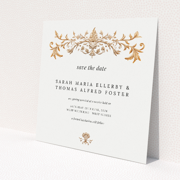 Baroque Wedding Save the Date Card Template - Classic Elegance with Golden Baroque Ornament. This is a view of the front