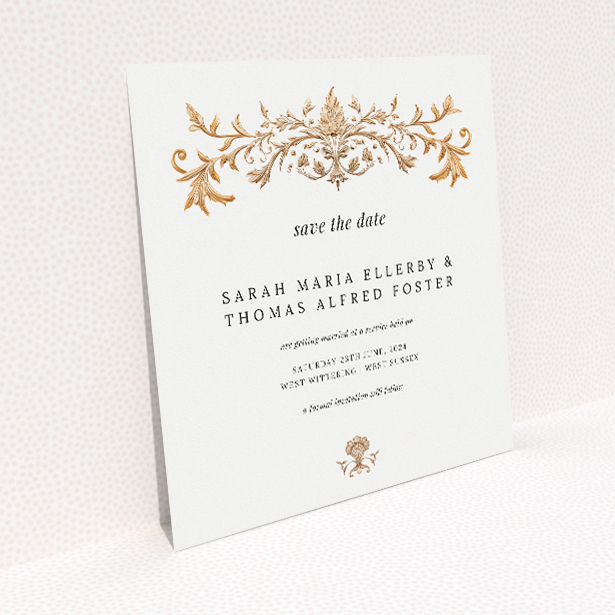 Baroque Wedding Save the Date Card Template - Classic Elegance with Golden Baroque Ornament. This image shows the front and back sides together
