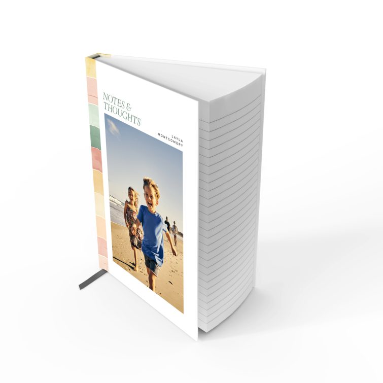 Colourful personalised notebook cover design featuring one photo and pastel stripes.