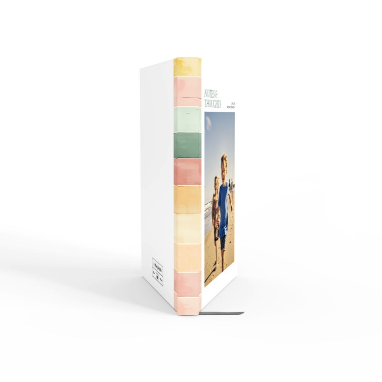 Colourful personalised notebook cover design featuring one photo and pastel stripes.