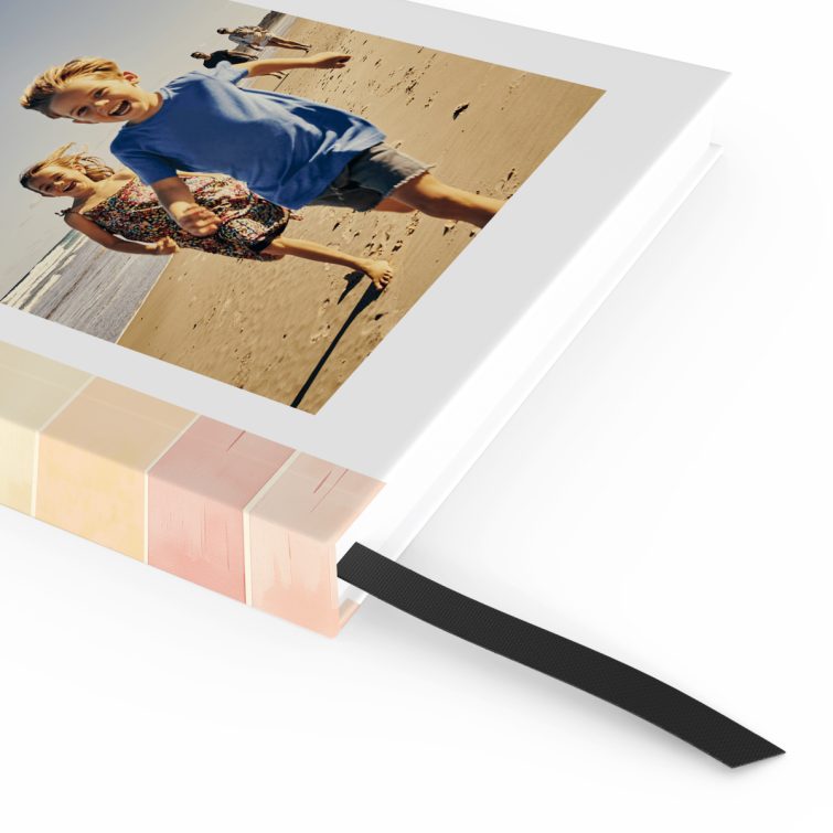 Colourful personalised notebook cover design featuring one photo and pastel stripes.