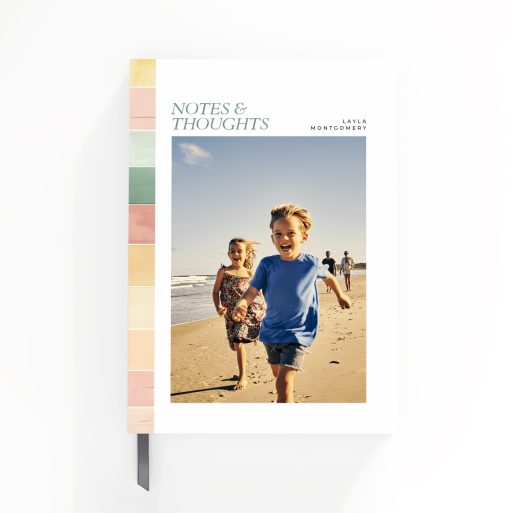 Colourful personalised notebook cover design featuring one photo and pastel stripes.