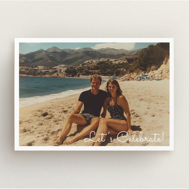 Elegant 25th anniversary party invitations design with beach photo atmosphere.