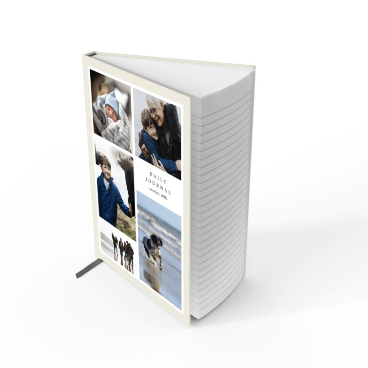 Portrait orientation daily journal notebook design with five photos on the cover, available for personalisation from Utterly Printable.